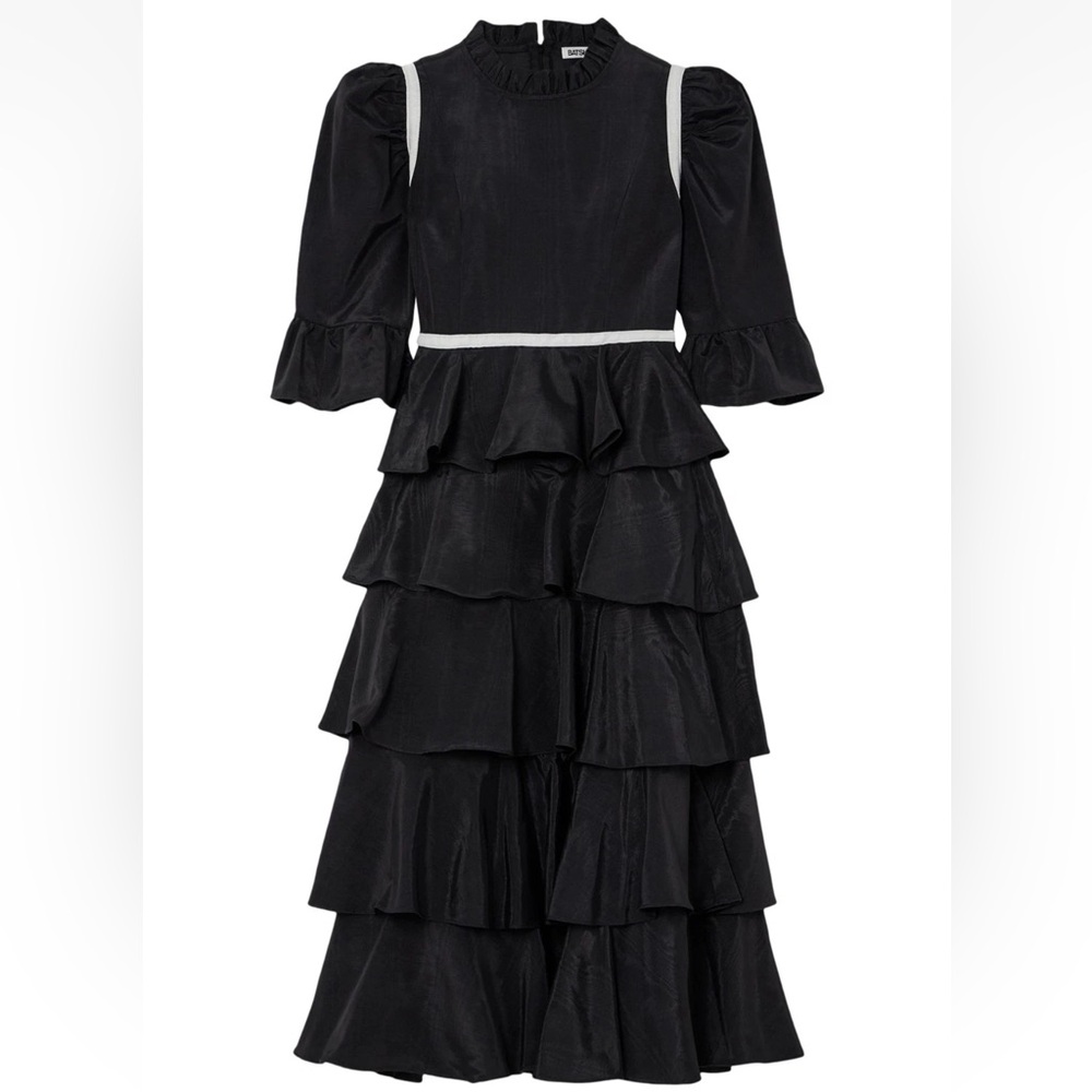 NEW with Tags Batsheva Elegant Black Ruffle Midi Dress white detail